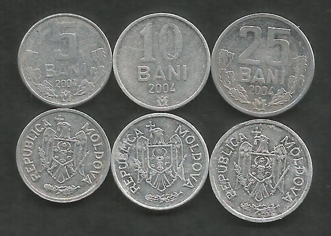 MOLDOVA SET / LOT ( 3 buc ) 5 BANI + 10 BANI + 25 BANI 2004 , VF