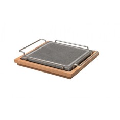 Platou piatra 25x25 cm pentru cuptor, cu suport inox cu manere si blat lemn