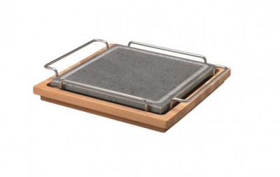 Platou piatra 25x25 cm pentru cuptor, cu suport inox cu manere si blat lemn foto