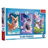 Puzzle 3 in 1 cu Caini si Pisici, 3x80 piese, Multicolor, CMCLASS