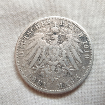 Germania 3 mark (marci)1910 argint Prusia foto