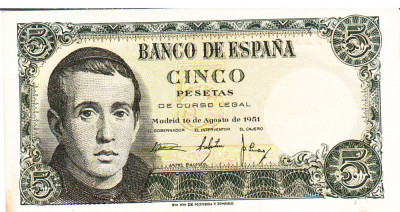 Spania 5 Pesetas 1951 P-140 Seria 1A1791169 foto