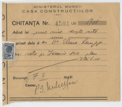 Romania, Ministerul Muncii, Casa Constructiilor, Chitanta, Bucuresti, 1940 foto