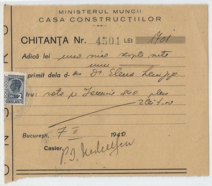 Romania, Ministerul Muncii, Casa Constructiilor, Chitanta, Bucuresti, 1940