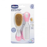 Chicco Perie si Pieptene Roz Bebelusi 0luni+ Peri Moi Naturale, Maner Ergonomic