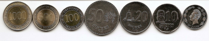 Ecuador Set 7 - 1, 10, 20, 50, 100, 500, 1.000 Sucres 1988/97 - V17, UNC !!!