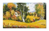 Cumpara ieftin Tablou peisaj cu tarancuta cu flori pictat manual, Pe meleaguri mioritice, 100x60cm ulei pe panza, gata de agatat pe perete