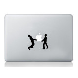 Men holding Apple sticker laptop, 4World