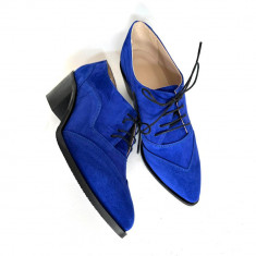 Pantofi dama din piele naturala cu toc gros Ellis Blue