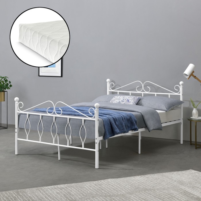 Pat metalic Apolda W140 cu saltea alb mat [en.casa] HausGarden Leisure