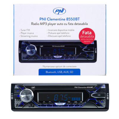 Radio Mp3 Player Auto Pni Clementine 8550Bt, Fata Detasabila, 4X45w, 12V, 1 Din, Cu Sd, Usb, Aux, Rca 140111 PNI-MP3-8550 foto