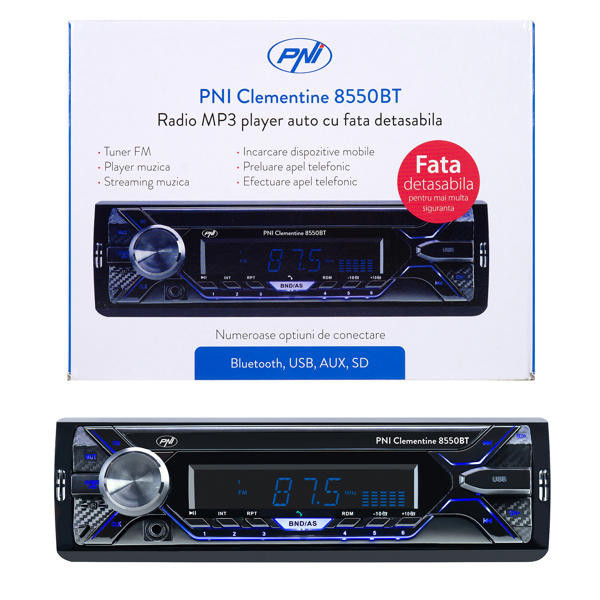 Radio Mp3 Player Auto Pni Clementine 8550Bt, Fata Detasabila, 4X45w, 12V, 1 Din, Cu Sd, Usb, Aux, Rca 140111 PNI-MP3-8550
