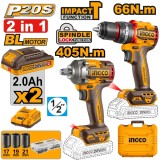 Set INGCO CKLI20286E, bormasina cu impact 20V 66Nm + filetanta impact 1/2&rdquo; 405Nm, Brushless, desfacere 555Nm, 2 acumulatori 2Ah, incarcator, 47 acceso