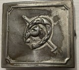 Tabacheră sovietică cu motiv ecvestru, anii 30-40, alamă argintata, inscriptionata &rdquo;Artelul Silnik, Odessa&rdquo; / a fost realizata la cooperativa Silnik