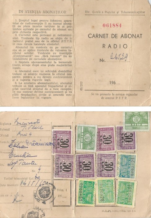 Romania, Carnet de abonat radio, Bucuresti, 1966