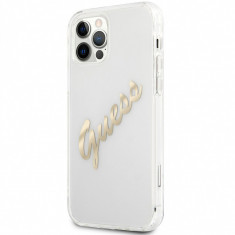 Husa Piele Guess Vintage Script Gold Logo pentru Apple iPhone 12 Pro Max, Transparenta GUHCP12LKTRSVGO