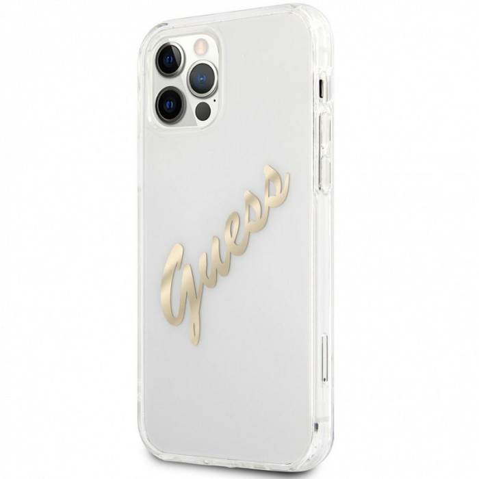 Husa Piele Guess Vintage Script Gold Logo pentru Apple iPhone 12 Pro Max, Transparenta GUHCP12LKTRSVGO