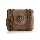 Cumpara ieftin Poseta piele intoarsa Mocca Amelie, 17x22x10cm, Handmade Grecia, cu lant reglabil si piatra decorativa