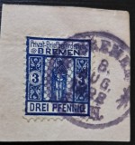 Timbrul Clasic Germania Poștă Privată Bremen 1898 - Statuia Cavalerului Roland, Ștampilă Violet 8 Aug 1898, Fragment, 3pf -A333