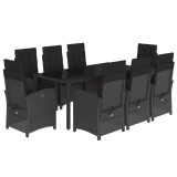 Set mobilier de gradina cu perne, 9 piese, negru, poliratan