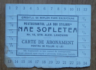 Carte de abonament interbelica ; Restaurantul La doi stejari , Bucuresti foto