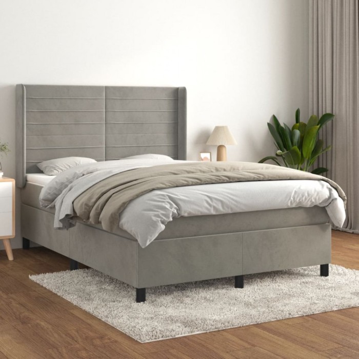 vidaXL Pat box spring cu saltea, gri deschis, 140x190 cm, catifea 3132735