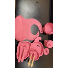 Set 10 piese diversificare bebelusi si copii din silicon flippy, baveta, farfurie compartimentata cu ventuza, bol cu ventuza, tacamuri din lemn si sil foto