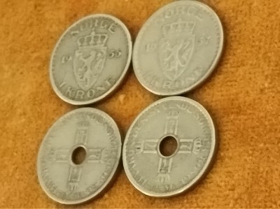 Lot 4 monede: 1 krone 1946 + 1951 + 1956 + 1957 Norvegia [poze]. Discount conform descriere [10 - 20 %. Vezi descrierea.]. foto