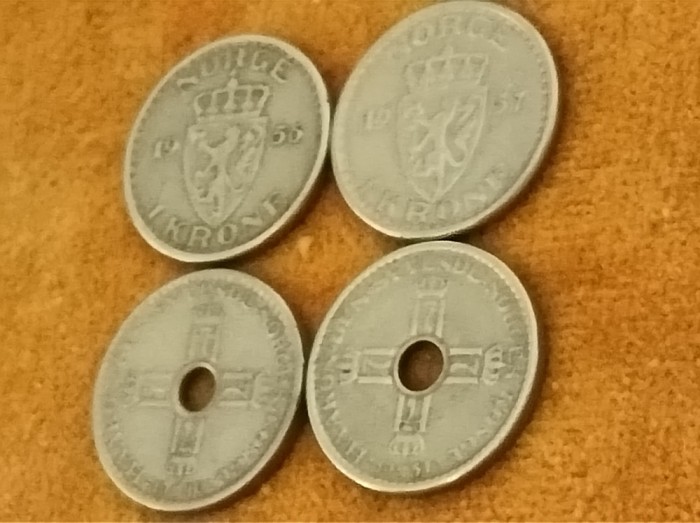 Lot 4 monede: 1 krone 1946 + 1951 + 1956 + 1957 Norvegia [poze]. Discount conform descriere [10 - 20 %. Vezi descrierea.].