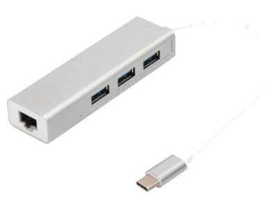 Hub USB 3.0 DIGITUS gri cu 3 porturi USB A și RJ45 foto