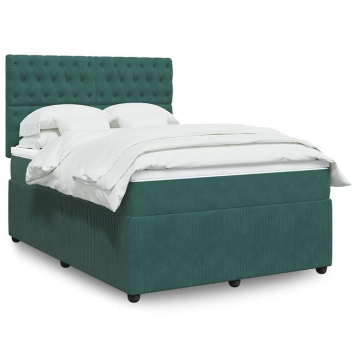 vidaXL Pat box spring cu saltea, verde &icirc;nchis, 140x200 cm, catifea 3292367