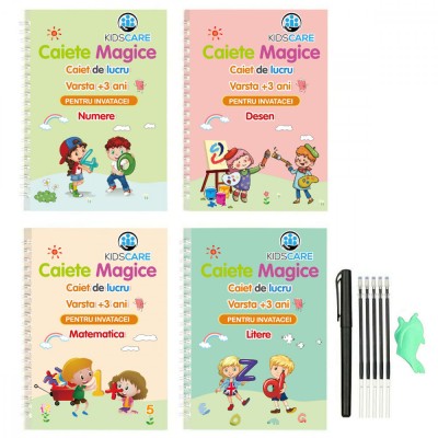 Set 4 caiete in limba romana si stilou magic pentru scris si desenat, rechizite scolare, multicolor, 19 cm X 13 cm for Your BabyKids foto