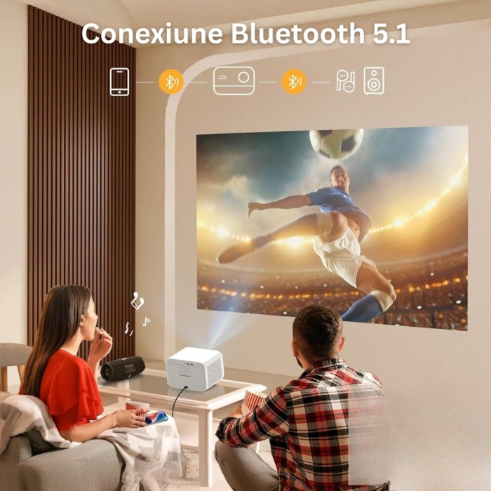 Videoproiector 1080P Full HD, WiFi 6, Bluetooth 5.1, 25000 Lumeni, Sunet JBL, Focalizare Automata, Corectie Trapezoidala, Suport 4K, Rezolutie 1920 x
