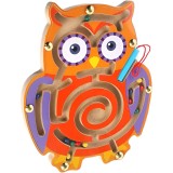 Joc Montessori cu Bile, Creion Magnetic, Tip Labirint, din Lemn, Model Bufnita, 18.5x17.5 cm, Portocaliu-Mov