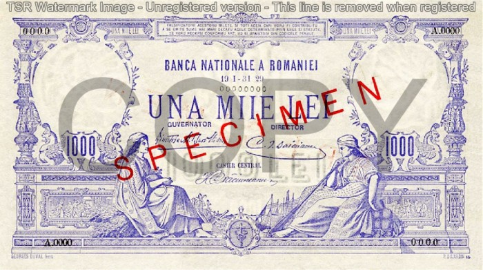 REPRODUCERE bancnota specimen 1000 lei 1929