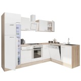 Mobilă de bucătărie de colț Yorki 280, corp din stejar Sonoma, față alb satinat, element cuptor inferior, frigider congelator superior