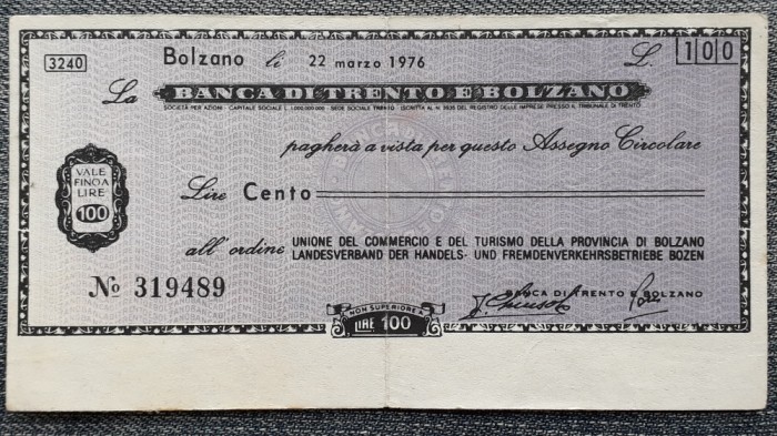 100 Lire 1976 Bolzano Italia / Banca di Trento e Bolzano / seria 319489