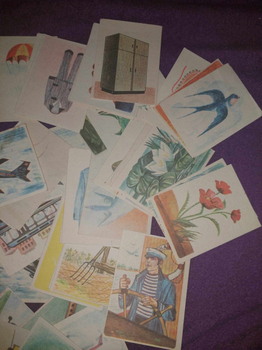 lot cartonase joc vechi cu litere din alfabet si imagini educative,piese joc
