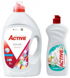 Detergent lichid pentru rufe colorate Active, 3 litri, 60 spalari + Detergent de vase lichid Active, 0.5 litri, cocos