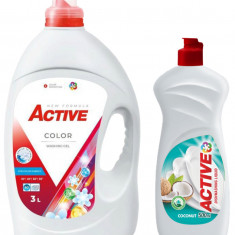 Detergent lichid pentru rufe colorate Active, 3 litri, 60 spalari + Detergent de vase lichid Active, 0.5 litri, cocos