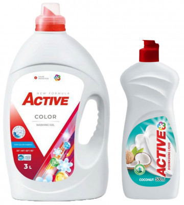 Detergent lichid pentru rufe colorate Active, 3 litri, 60 spalari + Detergent de vase lichid Active, 0.5 litri, cocos foto