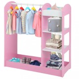 Suport pentru haine pentru copii cu oglinda GINGER HOME - Dulap deschis pentru copii cu rafturi si umerase roz 94x38x100 cm