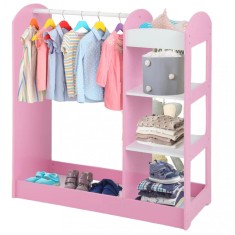 Suport pentru haine pentru copii cu oglinda GINGER HOME - Dulap deschis pentru copii cu rafturi si umerase roz 94x38x100 cm