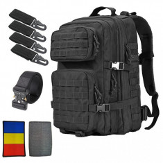 Echipament militar, rucsac 45L, curea cupla aliaj rapida, 4 carabine, steag tricolor, negru foto