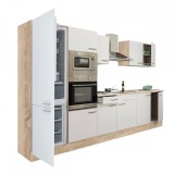 Mobilier de bucătărie Yorki 330, cu corp din stejar Sonoma și fațade albe cu finisaj satinat, cu frigider cu congelator &icirc;n partea de jos, fără blat de