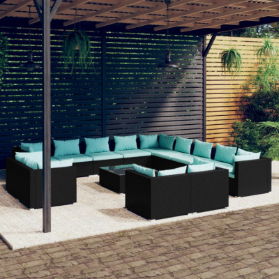 vidaXL Set mobilier de grădină cu perne, 14 piese, negru, poliratan foto
