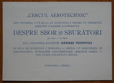 Invitatie la conferinta Cercul Aerotehnic; Despre sbor si sburatori, Col. aviator Andrei Popovici, interbelica foto