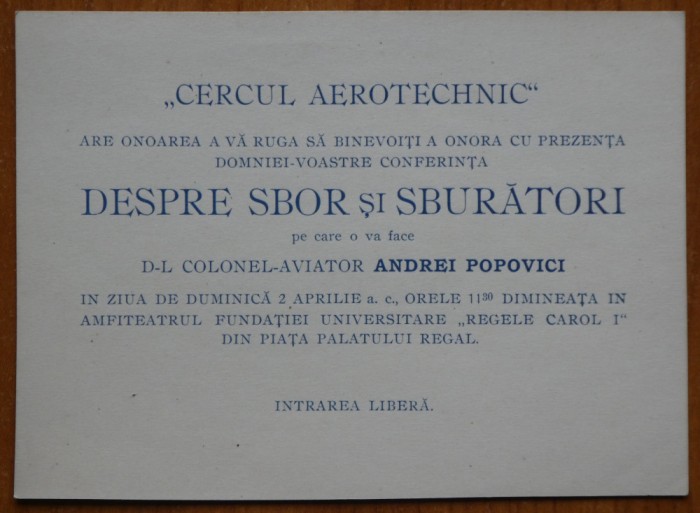 Invitatie la conferinta Cercul Aerotehnic; Despre sbor si sburatori, Col. aviator Andrei Popovici, interbelica