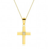 Colier din aur galben 585 - cruce latină, diamante transparente &icirc;n centru