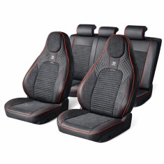 Set huse scaune auto Premium, model BLAZE Torque, design Sportiv, universale, ergonomice, Piele Ecologica cu insertii textile, culoare Negru/Rosu